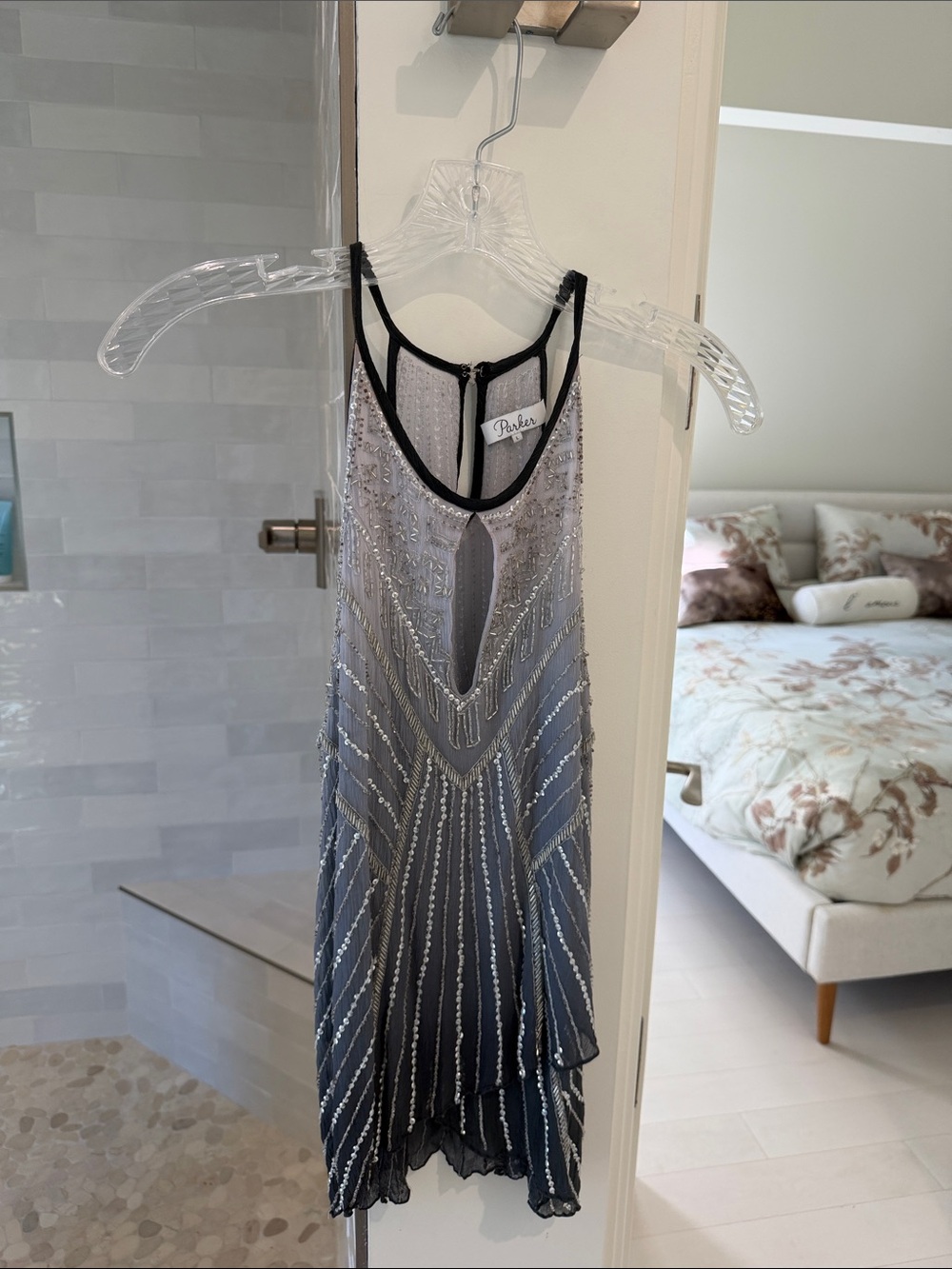 Beautiful Parker Dark Gray-to-Light Gray Beaded Ombre Blouse